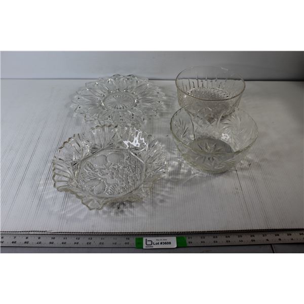 (2) Crystal Bowls, (2) Glass Serving Trays