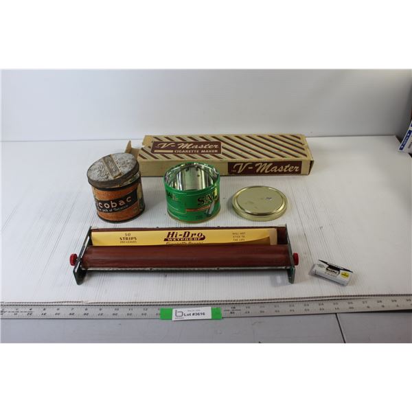 Vintage Cigarette Roller, (2) Tobacco Tins
