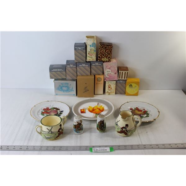 Empty Avon Fragrance Boxes, (3) Plates with Hangers, Misc.