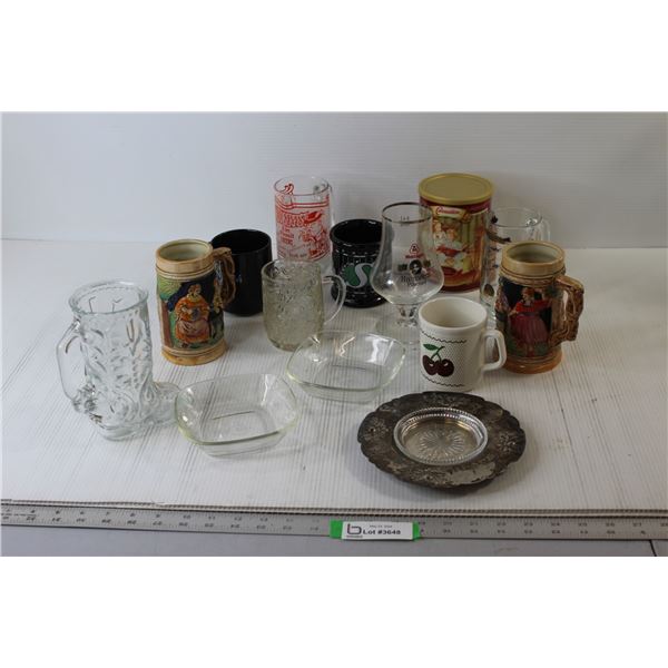 (2) Pyrex Miniature Bowls, Assorted Glasses and Mugs, Plates, Trays, Misc.