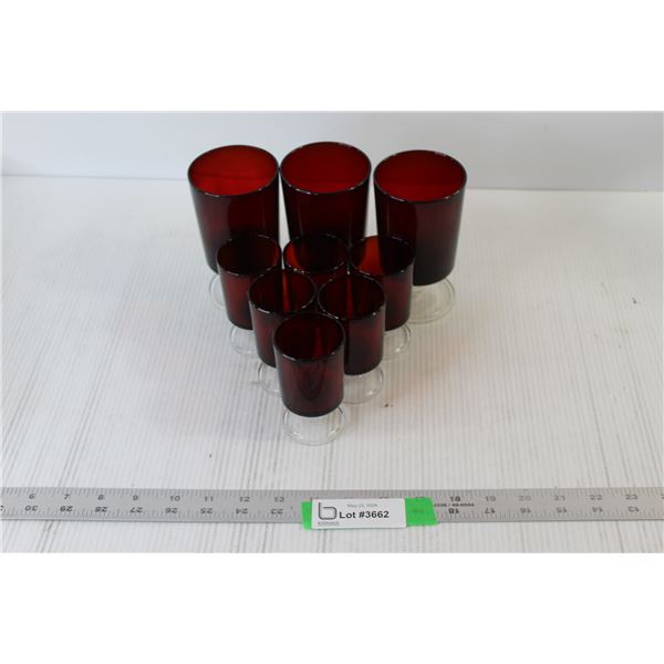 (3) Ruby Red wineGlasses, (6) Ruby Red Shot Glasses
