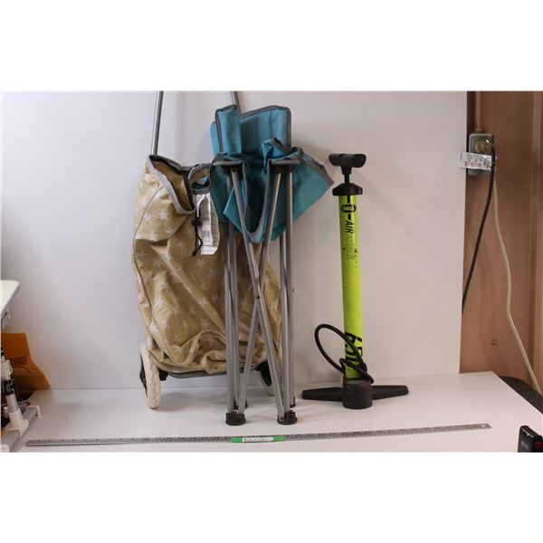 *(3) Tire Hand Pump; Folding Lawn Chair; Aluminum Framed Pull Grocery Cart