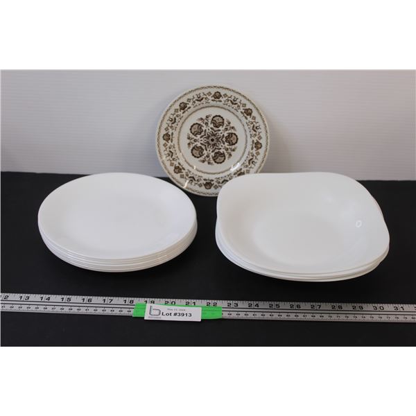 (12) Dinnerware: 7 - Corelle White 8" Plates; 4 - Shallow 8" Bowls & 1 Dessert Plate