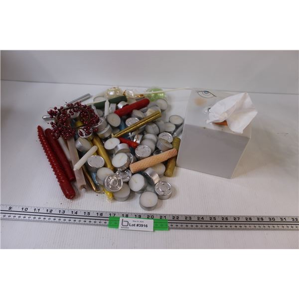 (65+) large lot of Tea Lights and Stick Candles & Ladies Face Tissue Dispenser