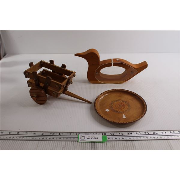 Wooden Duck Bank, Wagon, and Decorative Dish