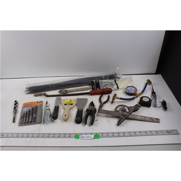 Various Shop Items/Tools - Needle Nose Pliers, Putty Knives, Cable Ties, A/C Recharge Assembly, Volt