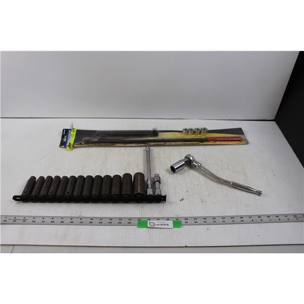 Metric Impact Deep Socket Set w/ 3",10" Extension's and Socket Rail (10mm to 24mm 1/2" Drive), 3/.8"