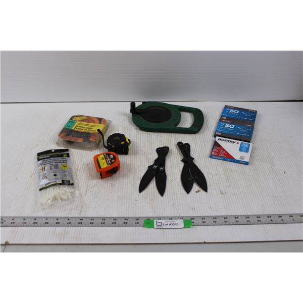 Various Shop Items - (2) Tape Measures, Chainsaw Chain, Cable Ties, Greenlee 25' Fish Tape, Staples 