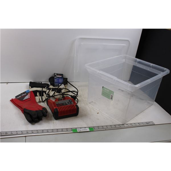 Milwaukee 18v Battery Charge, (2 pr) Large Work Gloves, L/XL Nitrile Long Cuff Gloves & 32L File Box