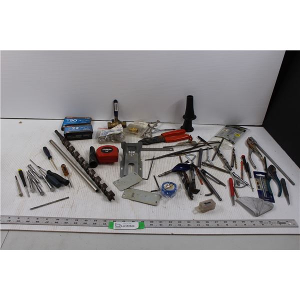 Various Shop Items - Precision Screwdriver, Drill Bits, Grove Gauge, Tape Measure, Cable Ties, Stapl