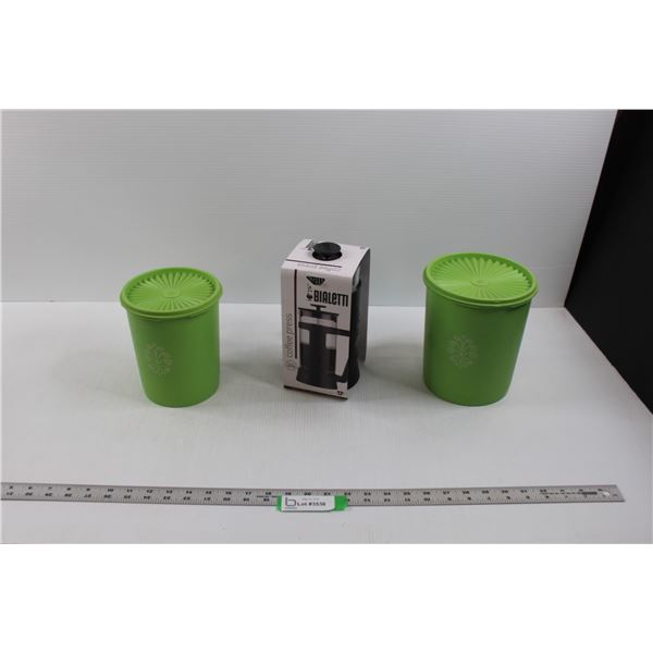 Bialetti Coffee Press (NIP) & (2) Vintage Tupperware Kitchen Storage Containers