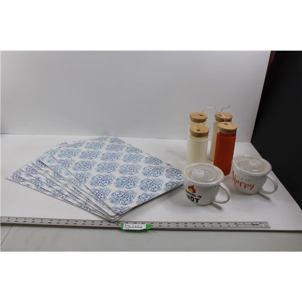 (4) Threshold Glass Cups w/Lids, Silicone Grip Sleeves and 3- Straws, (2) Large Cups w/Lids & (8) Us