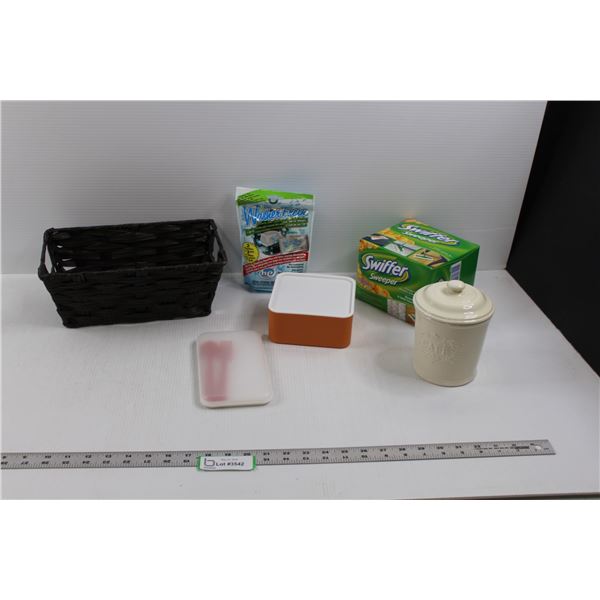 Kitchen Items - Basket, Washer Cleaner, Plastic Cutlery w/Case, Small Storage Container, Coffee Stor