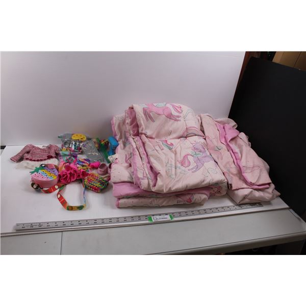 Mainstays Kids Pegasus Bedding Set (Comforter, (2) Sheets, (2) Pillow Shams)& Various Girls Doll Acc