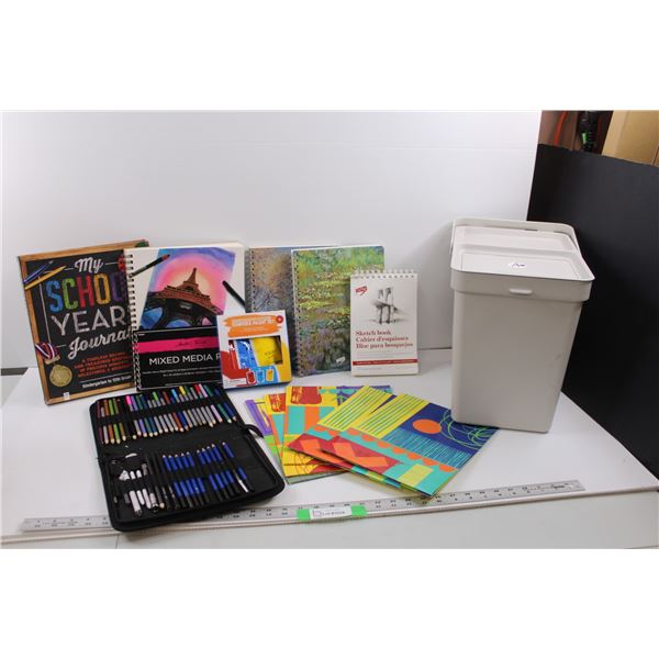 (3) Art Sketch Pads, Mixed Media Pad, Tempra Paint Set, Pencil Sketch Set w/Pencil Crayons, (5) Fold