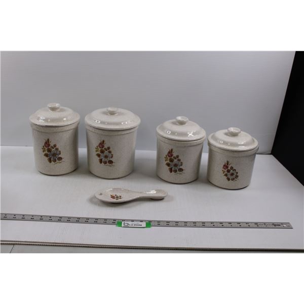 (4) Glazed Terracotta Kitchen Canisters w/Lids & Matching Spoon Rest