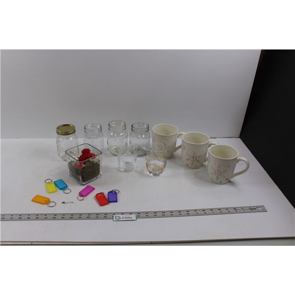 (3) Large Mugs, (4) Mason Jars, (6) Key Tags, (2) Glasses & Kitchen/Ho, Decor.