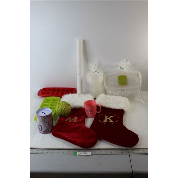 (2) Stockings, Ice Cube Trays, Variety Of Containers with Lids, Misc.