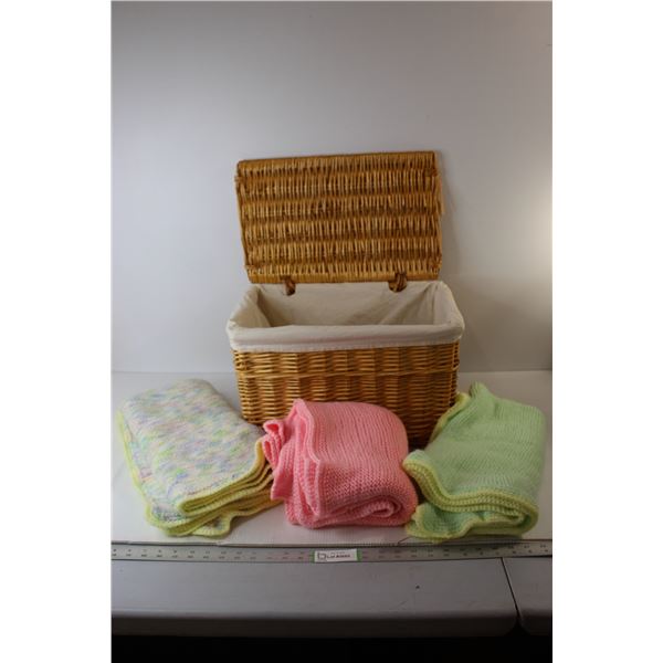 Woven Basket, (3) Knitted Baby Blankets