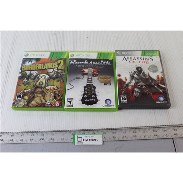 (3) XBOX Games - Assassins Creed II, Rocksmith, Borderlands 3