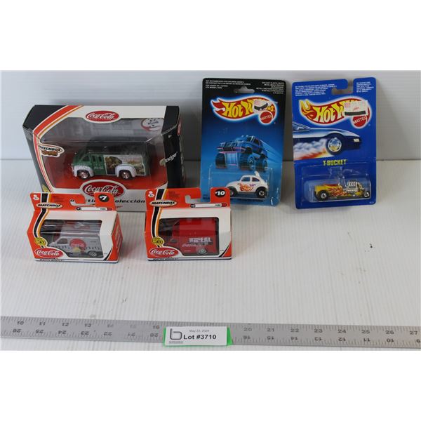 (2) Hotwheels toy Cars, (3) Matchbox Coca-Cola Toy Cars