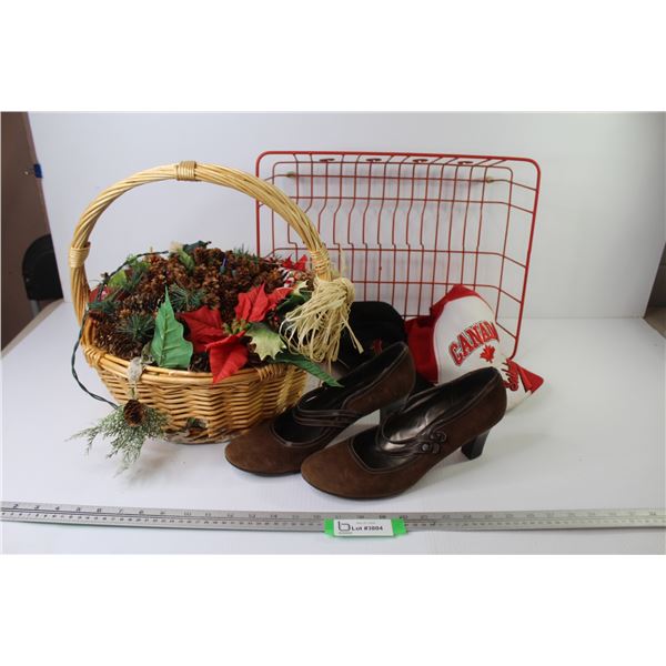 Lighted Christmas Basket, Draining Rack, (2) Caps, Pair of Shoes