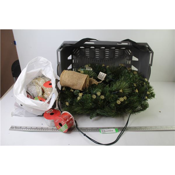 Shopping Basket, Lighted Christmas Wreath, Assortment of Ribbons