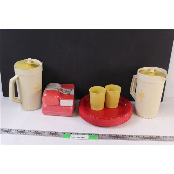 (6) Plastic Kitchenware: 2 - Tupperware Juice Jugs; Stack of Plastic Plates; NIB Snack Set