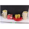 Image 1 : (6) Plastic Kitchenware: 2 - Tupperware Juice Jugs; Stack of Plastic Plates; NIB Snack Set