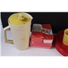 Image 2 : (6) Plastic Kitchenware: 2 - Tupperware Juice Jugs; Stack of Plastic Plates; NIB Snack Set