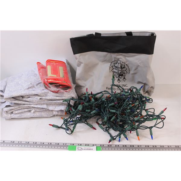 (4) Large Lined Table Cloth; Christmas Lights Untested; and Lined Carrying Bag