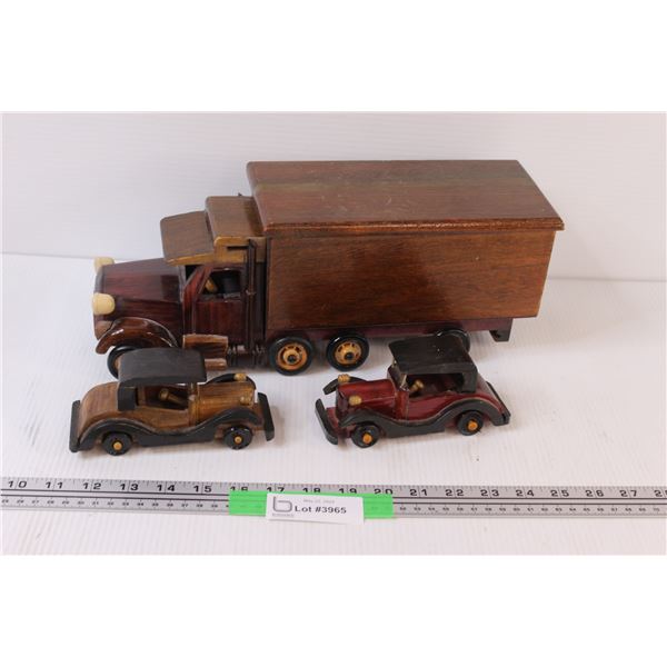 (3) Wooden Toys: 2 - 6" Cars & 1 - 14" 8-Wheeler Truck With Back Storage Box