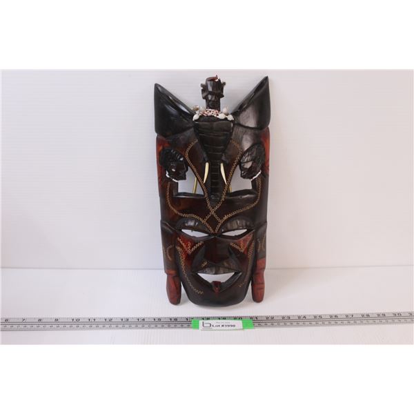 Wooden Carved African Themed Mask With Jewels & Tusks