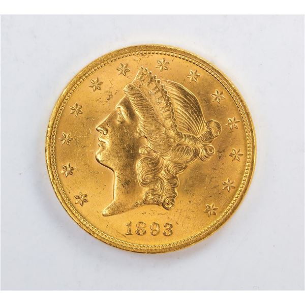 1893 $20 Liberty Head Double Eagle Gold Coin BU