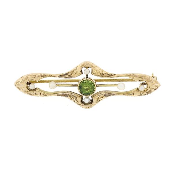 Antique Victorian 14k Gold Peridot Seed Pearl Hand Engraved Open Bar Brooch Pin