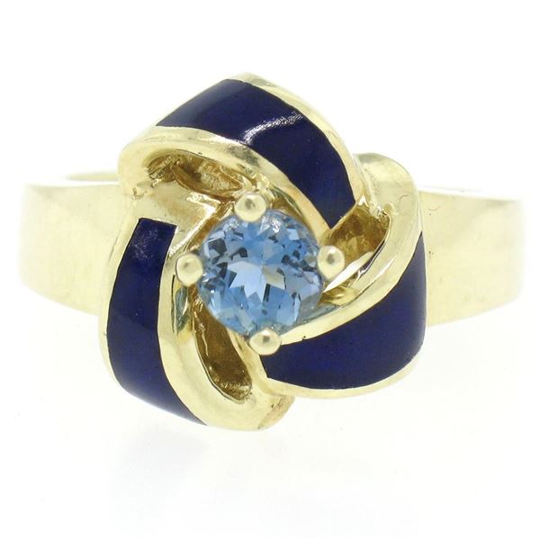 Vintage 14K Yellow Gold FINE Aquamarine & Blue Enamel Trinity Knot Cocktail Ring