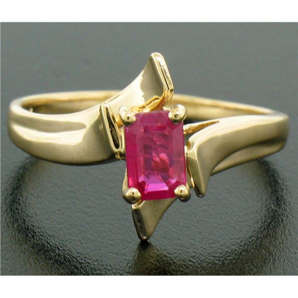 14K Solid Yellow Gold.83 ctw Prong Set Emerald Cut Red Ruby Solitaire Bypass Rin