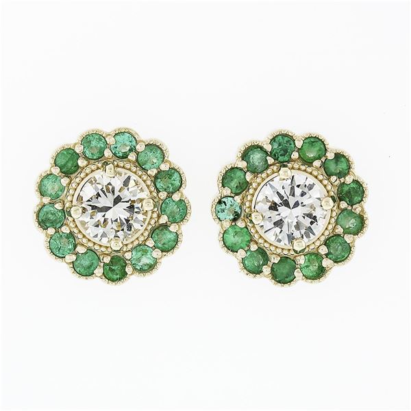 New 14k Yellow Gold 1.33 ctw Diamond Emerald Halo Milgrain Flower Cluster Earrin