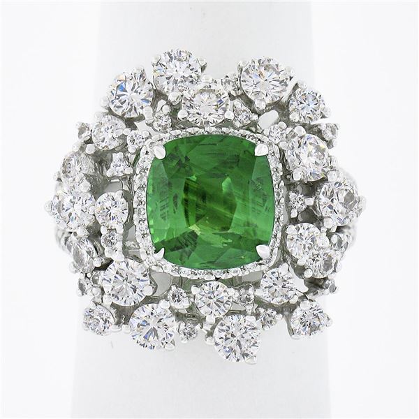 18k White Gold 5.67 ctw GIA Cushion Tsavorite & Diamond Cocktail Statement Ring