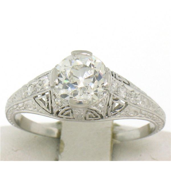 Antique Art Deco Platinum 1.30 ctw GIA Diamond Etched Filigree Engagement Ring