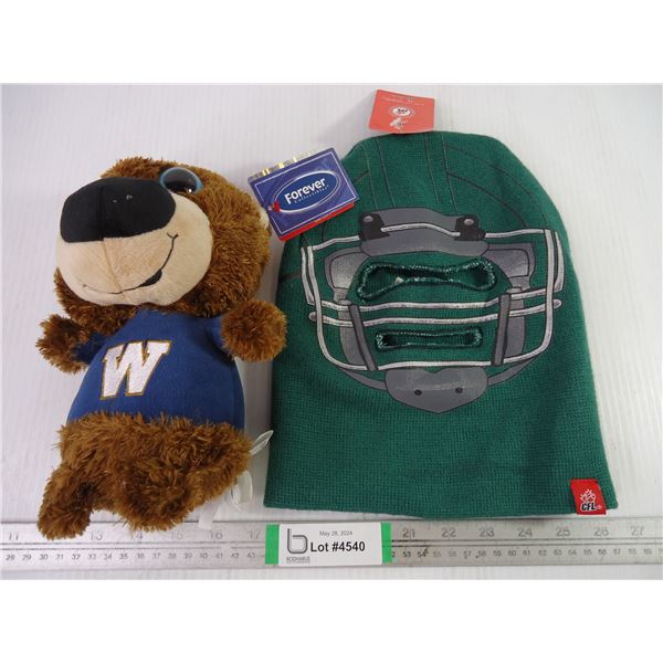 Winnipeg Blue Bomber Plush Toy (missing eye)and Saskatchewan Roughrider Mask