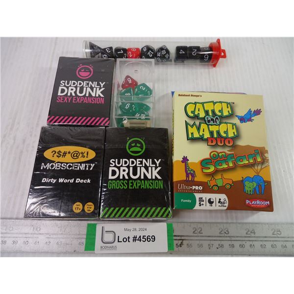 (3) Adult Card Games, Catch the Match Game and (2) Containers of various dice