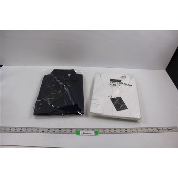 (2) NIP WestLine Apparel Button Up Work Shirts - One Navy Blue, One White (Both Size Large)