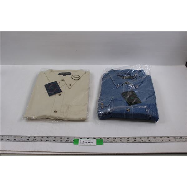 (2) NIP WestLine Apparel Button Up Work Shirts -One Kahki, One Denim (Both Size XXL)