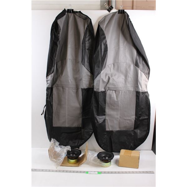 (1 pr) Vinyl Seat Covers ( 25.5" high Seat Back, 20" Long Seat x 21" Wide ) & (2) 4" Unmarked Mid Ra