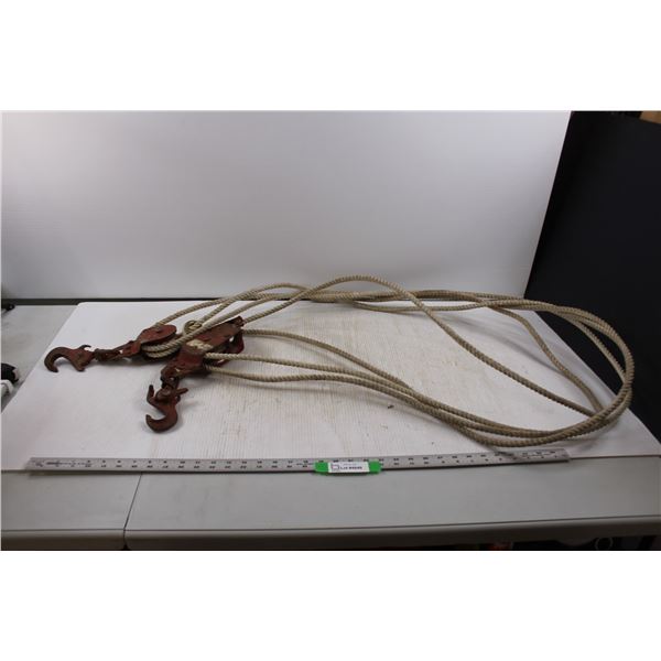 Vintage Rope Pulley System w/Steel Block & Tackle