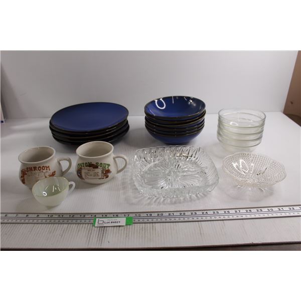 (5) Plates, (6) Matching Bowls, (4) Glass Bowls, Misc.