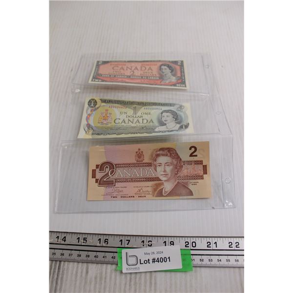 (3) Vintage Canadian $1 and $2 Bills