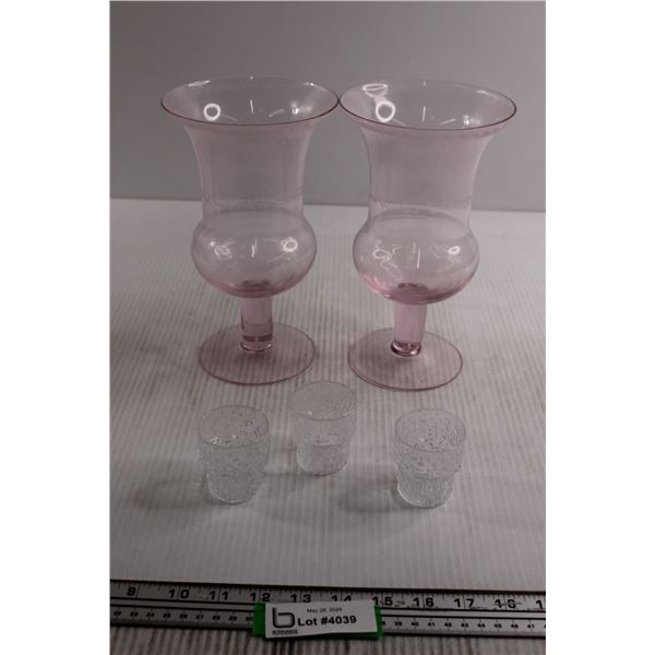 (2) Pink Vases, (3) Shot Glasses