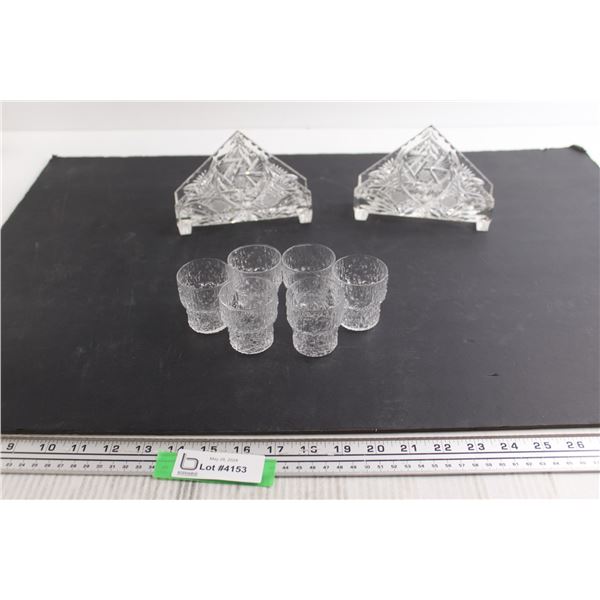 (2) Glass Napkin Holders, (6) Shot Glasses